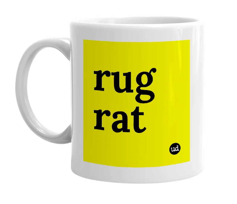 White mug with 'rug rat' in bold black letters