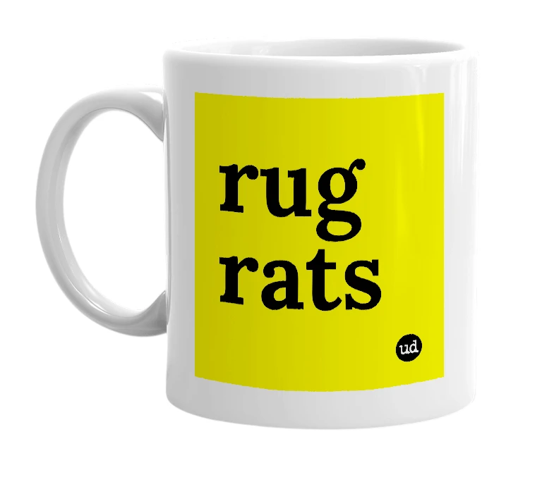 White mug with 'rug rats' in bold black letters
