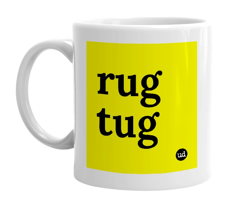 White mug with 'rug tug' in bold black letters