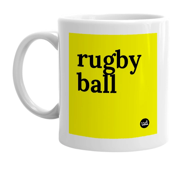 White mug with 'rugby ball' in bold black letters