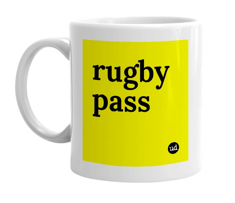 White mug with 'rugby pass' in bold black letters