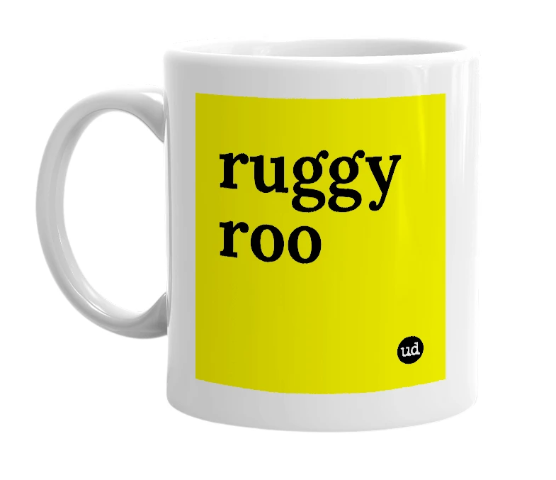 White mug with 'ruggy roo' in bold black letters