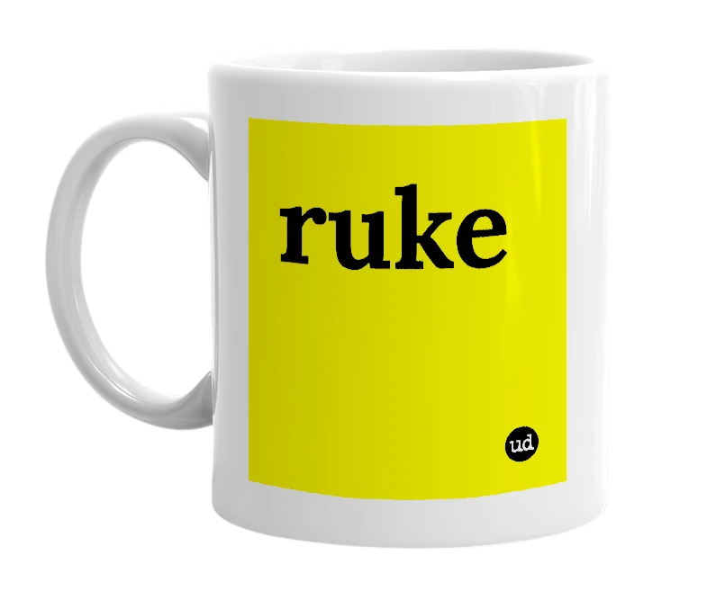 White mug with 'ruke' in bold black letters