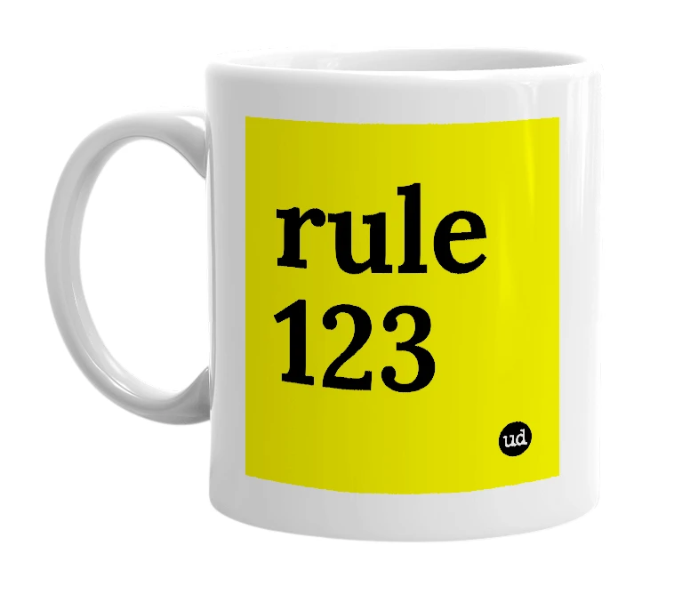 White mug with 'rule 123' in bold black letters