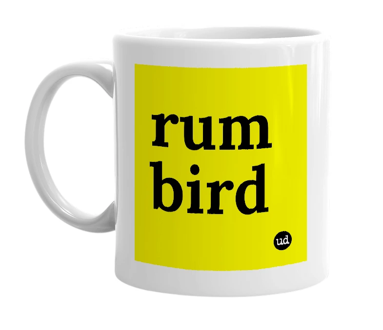White mug with 'rum bird' in bold black letters