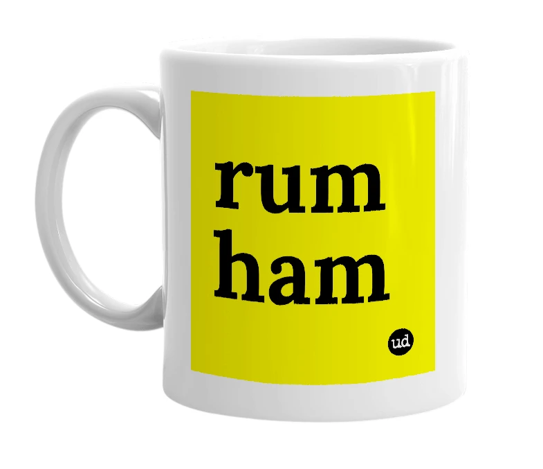 White mug with 'rum ham' in bold black letters