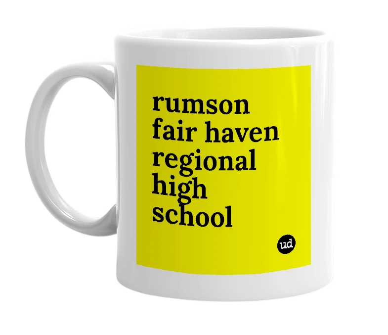 White mug with 'rumson fair haven regional high school' in bold black letters