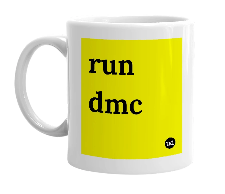 White mug with 'run dmc' in bold black letters