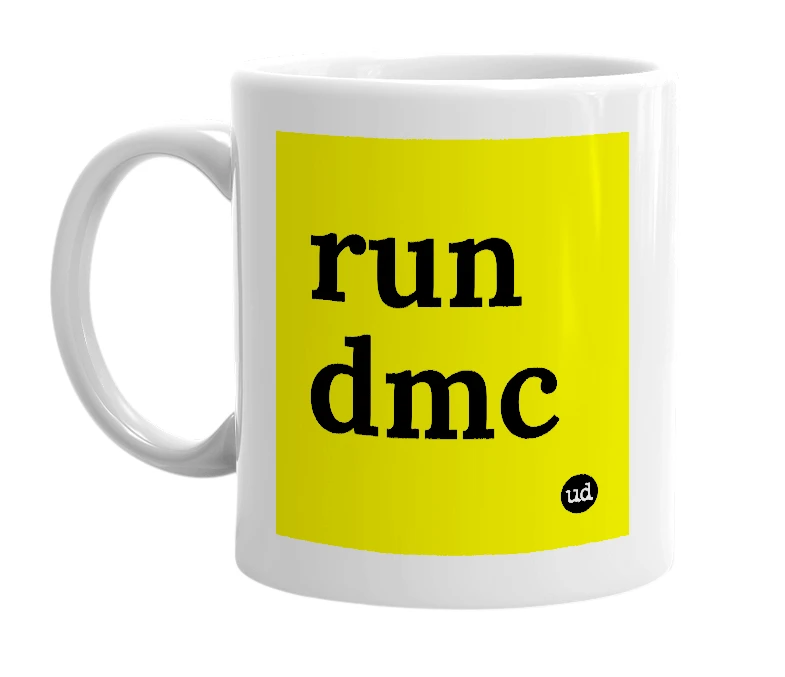 White mug with 'run dmc' in bold black letters