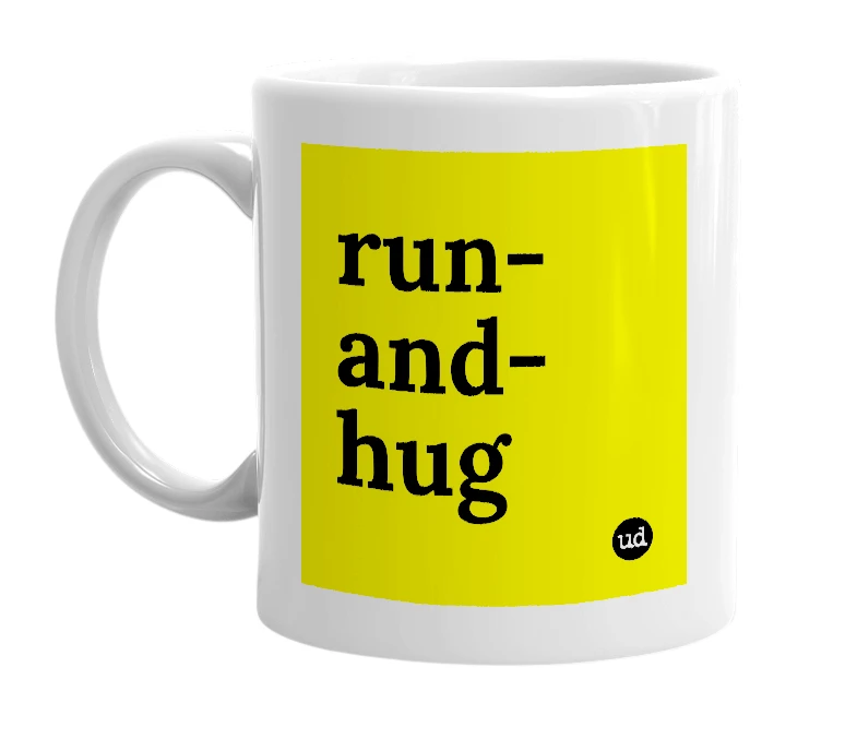 White mug with 'run-and-hug' in bold black letters