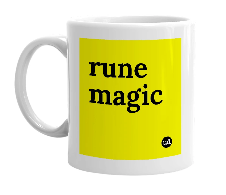 White mug with 'rune magic' in bold black letters