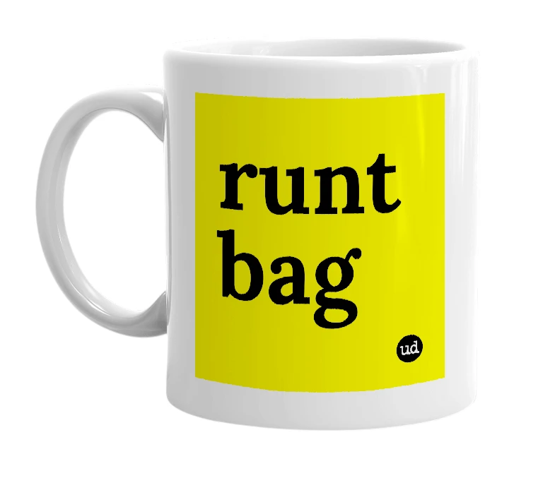 White mug with 'runt bag' in bold black letters