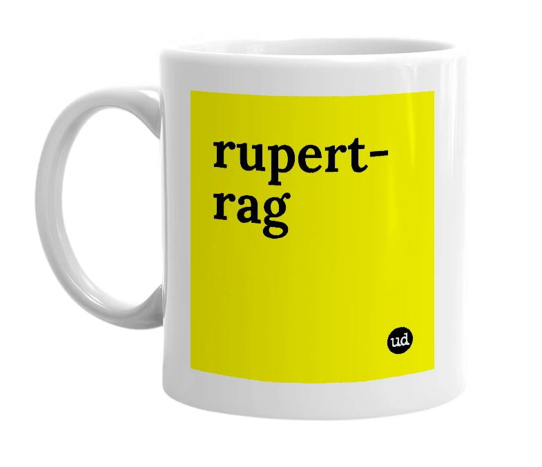 White mug with 'rupert-rag' in bold black letters