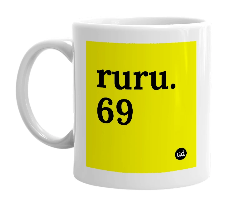 White mug with 'ruru.69' in bold black letters