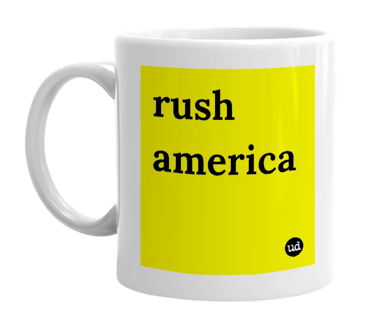 White mug with 'rush america' in bold black letters
