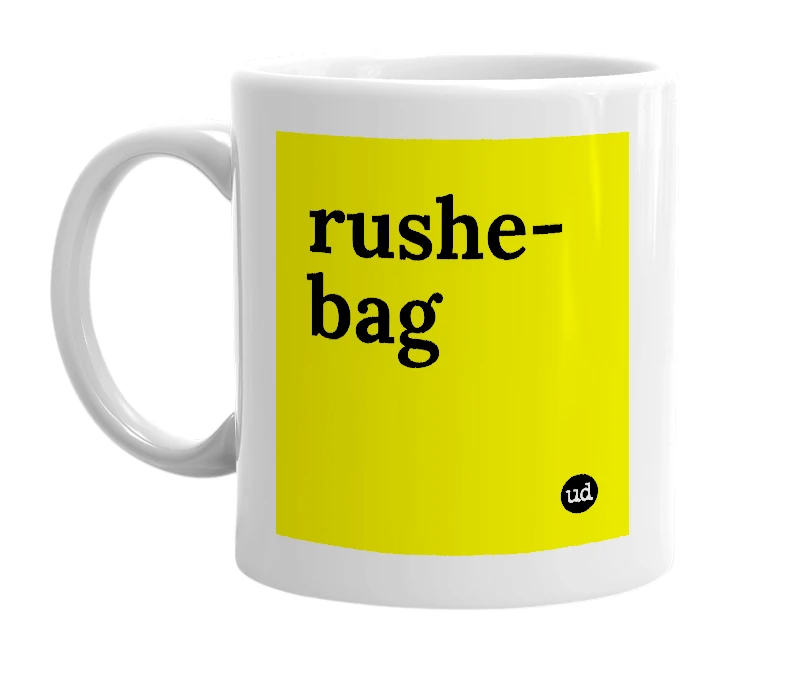 White mug with 'rushe-bag' in bold black letters