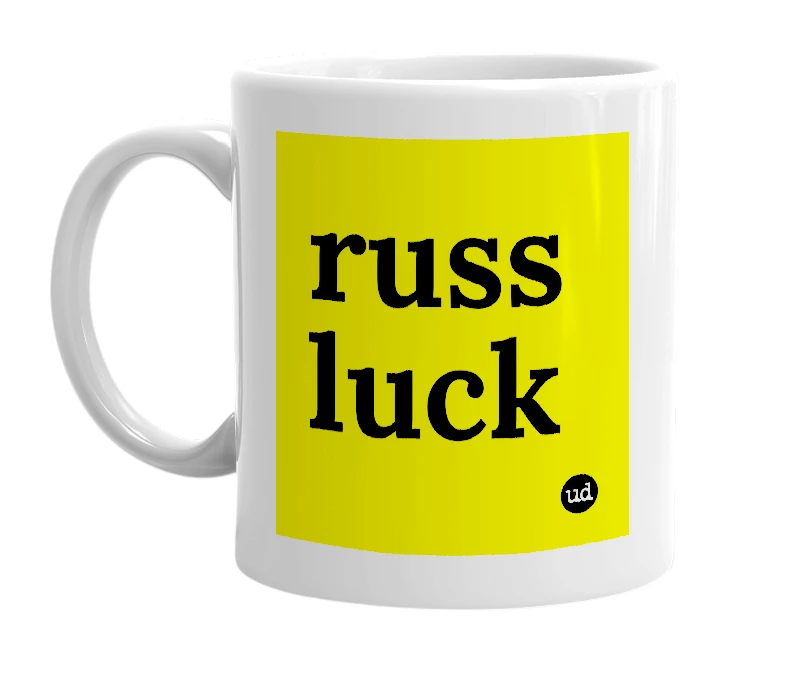 White mug with 'russ luck' in bold black letters