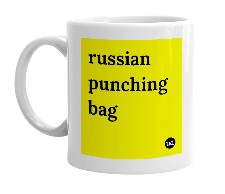 White mug with 'russian punching bag' in bold black letters
