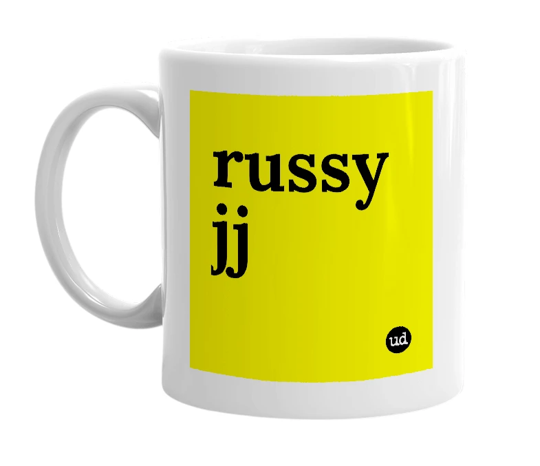 White mug with 'russy jj' in bold black letters