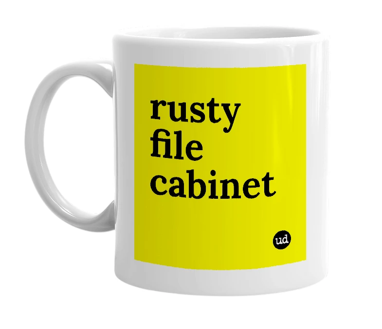 White mug with 'rusty file cabinet' in bold black letters