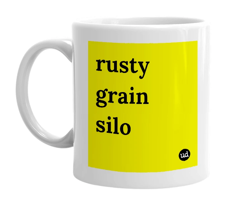 White mug with 'rusty grain silo' in bold black letters