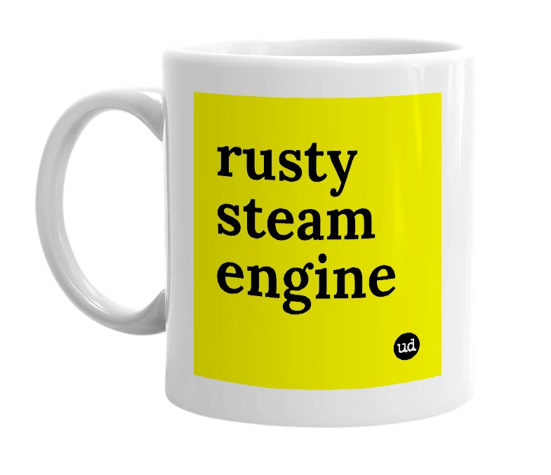 White mug with 'rusty steam engine' in bold black letters
