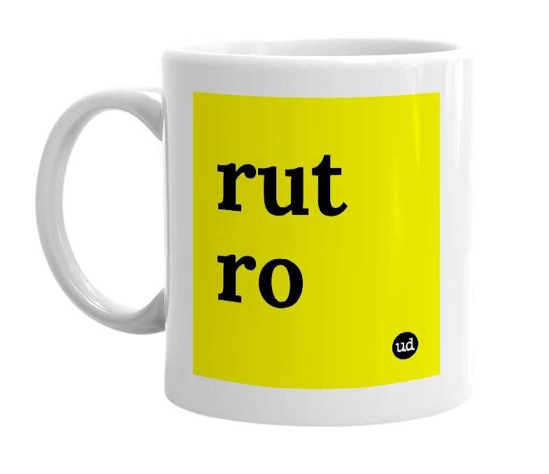 White mug with 'rut ro' in bold black letters