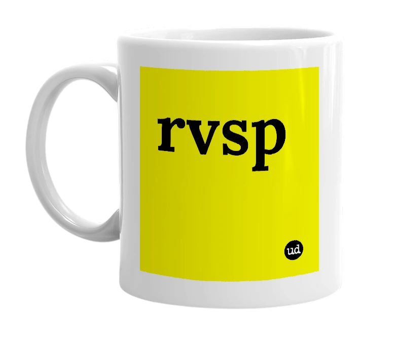 White mug with 'rvsp' in bold black letters