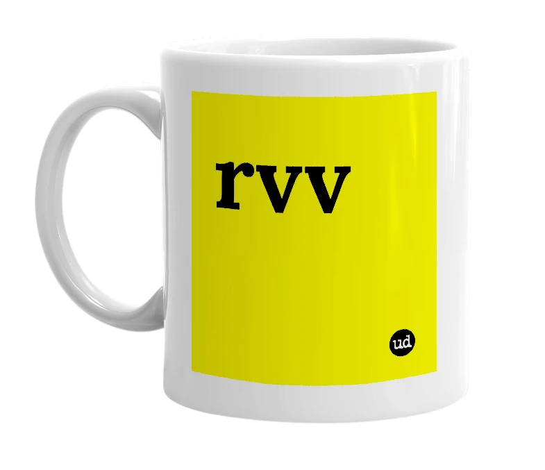 White mug with 'rvv' in bold black letters