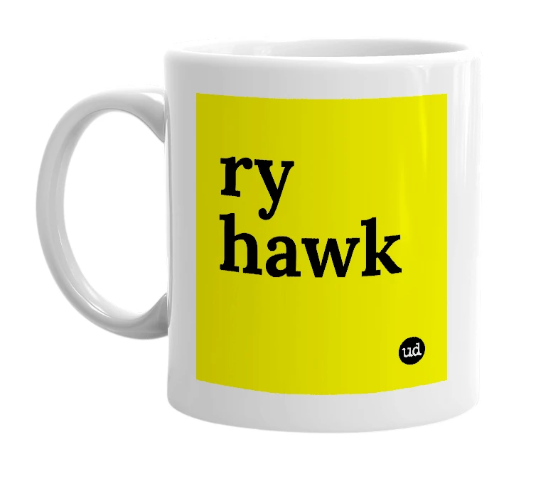 White mug with 'ry hawk' in bold black letters