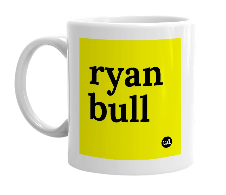 White mug with 'ryan bull' in bold black letters
