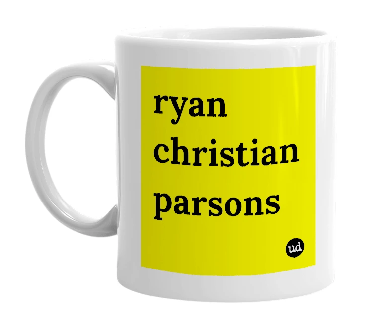 White mug with 'ryan christian parsons' in bold black letters