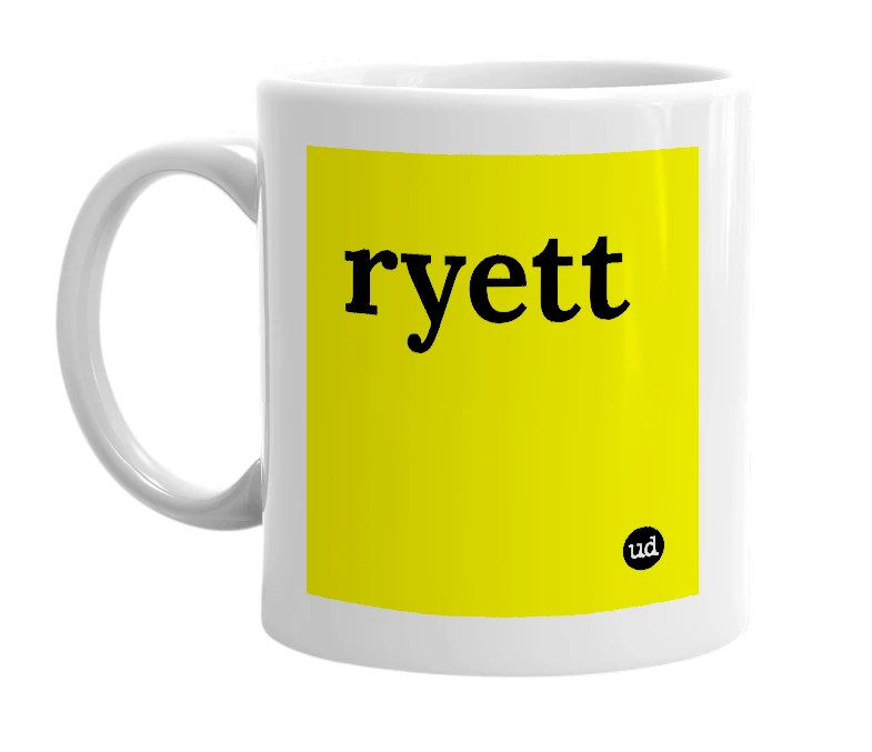 White mug with 'ryett' in bold black letters