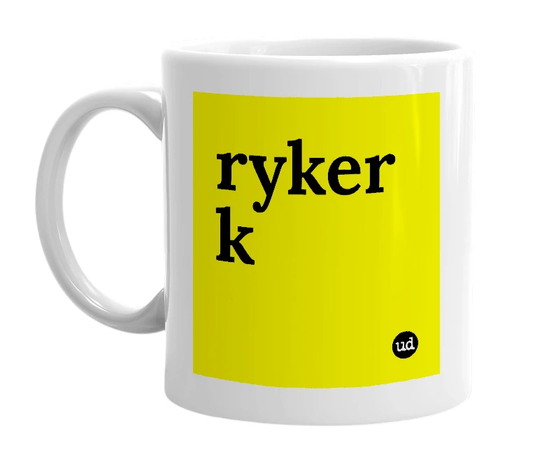 White mug with 'ryker k' in bold black letters