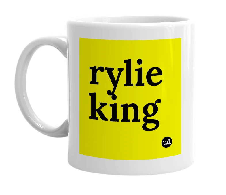White mug with 'rylie king' in bold black letters