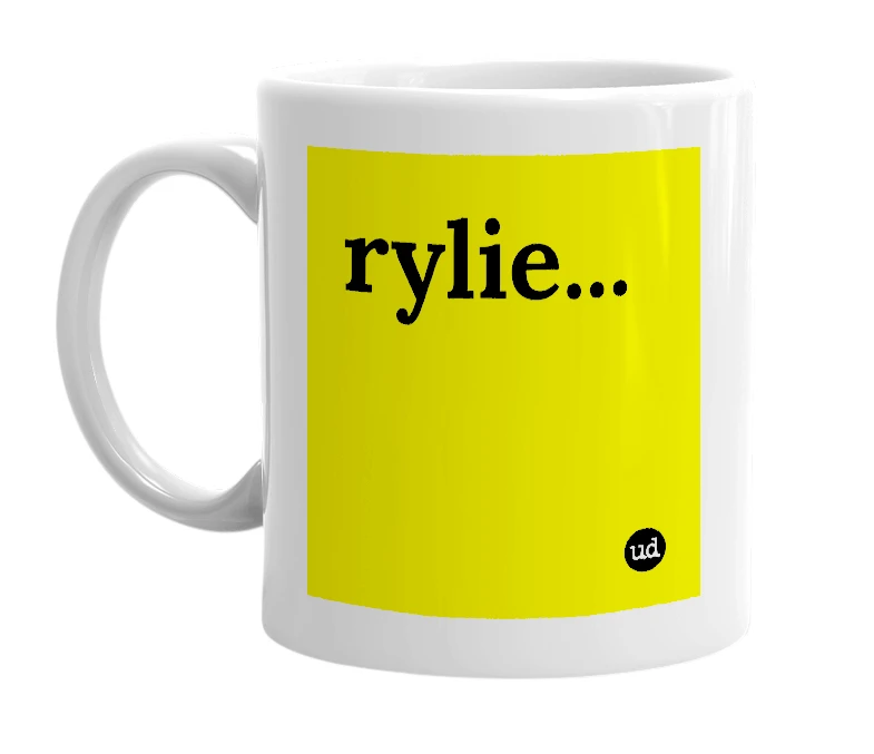 White mug with 'rylie...' in bold black letters