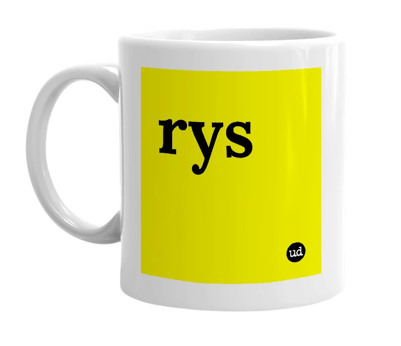 White mug with 'rys' in bold black letters
