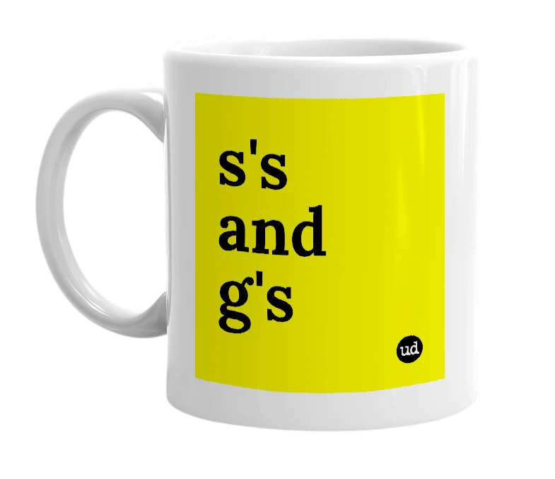 White mug with 's's and g's' in bold black letters