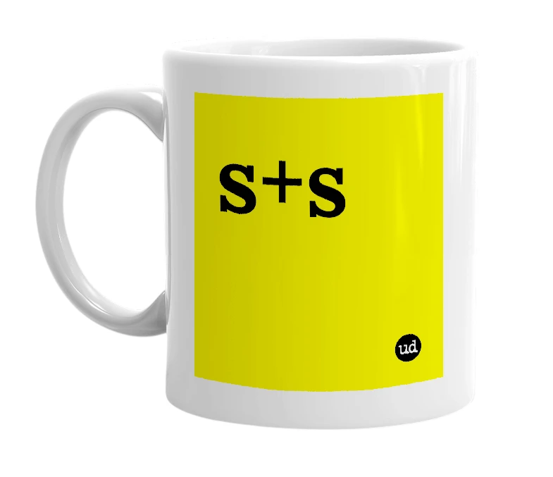 White mug with 's+s' in bold black letters
