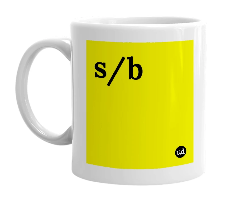 White mug with 's/b' in bold black letters