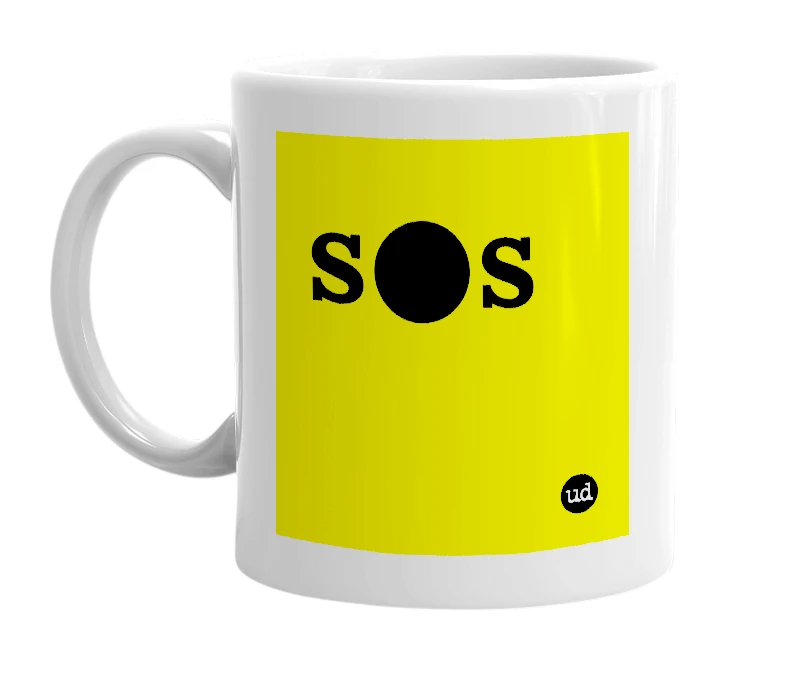 White mug with 's●s' in bold black letters
