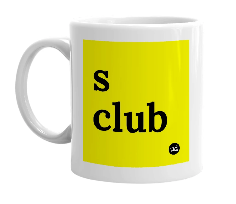 White mug with 's club' in bold black letters