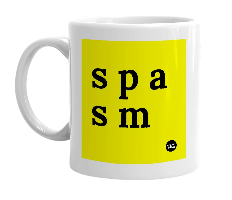 White mug with 's p a s m' in bold black letters