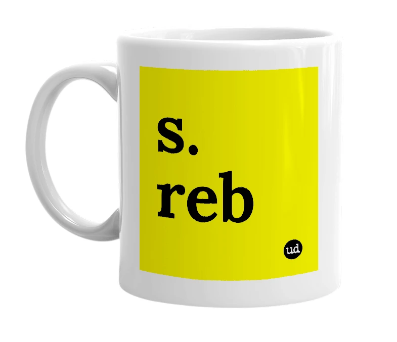 White mug with 's. reb' in bold black letters