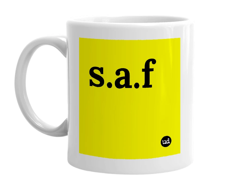 White mug with 's.a.f' in bold black letters