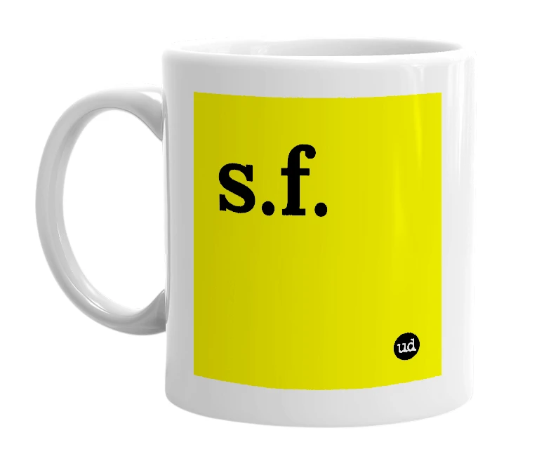 White mug with 's.f.' in bold black letters