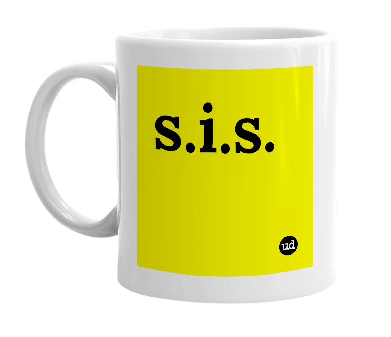 White mug with 's.i.s.' in bold black letters