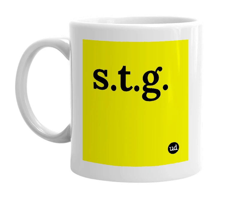 White mug with 's.t.g.' in bold black letters