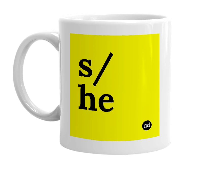 White mug with 's/he' in bold black letters