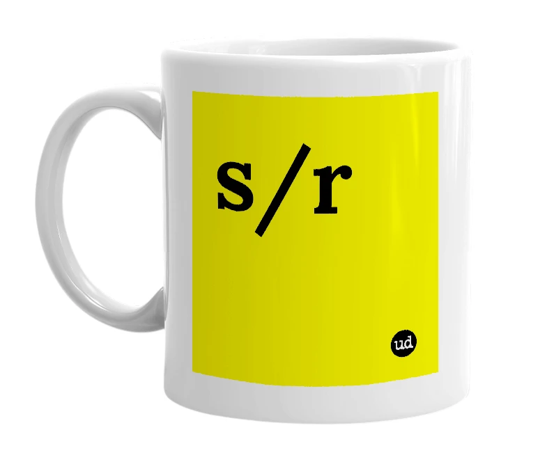 White mug with 's/r' in bold black letters